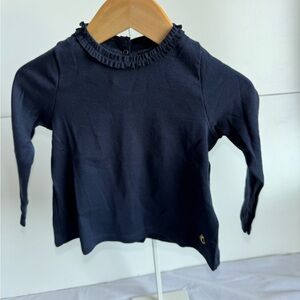 NEW Petit Bateau Navy Blue Ruffle Collar Long Sleeve Top 24m Gold Logo Cotton